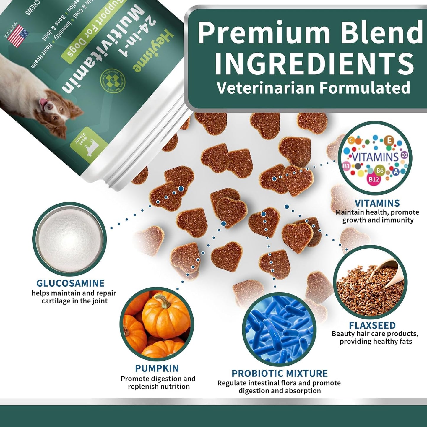 Dog Multivitamin, Glucosamine Chondroitin for Dogs, Dog Vitamins and Supplements, Probiotics, Krill Oil for Hip & Joints, Skin, Coat, Immune Health, Heart, Digestion (180 Chews, Beef)