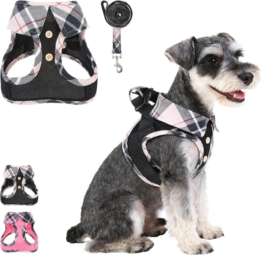 KOOLTAIL Small Dog Harness and Leash Set, Step in No Pull Soft Mesh Padded Pet Vest Harness Collar for Small Size Dogs Cats Boy Girl, Breathable & Lightweight Plaid Puppy Harness, Beige S