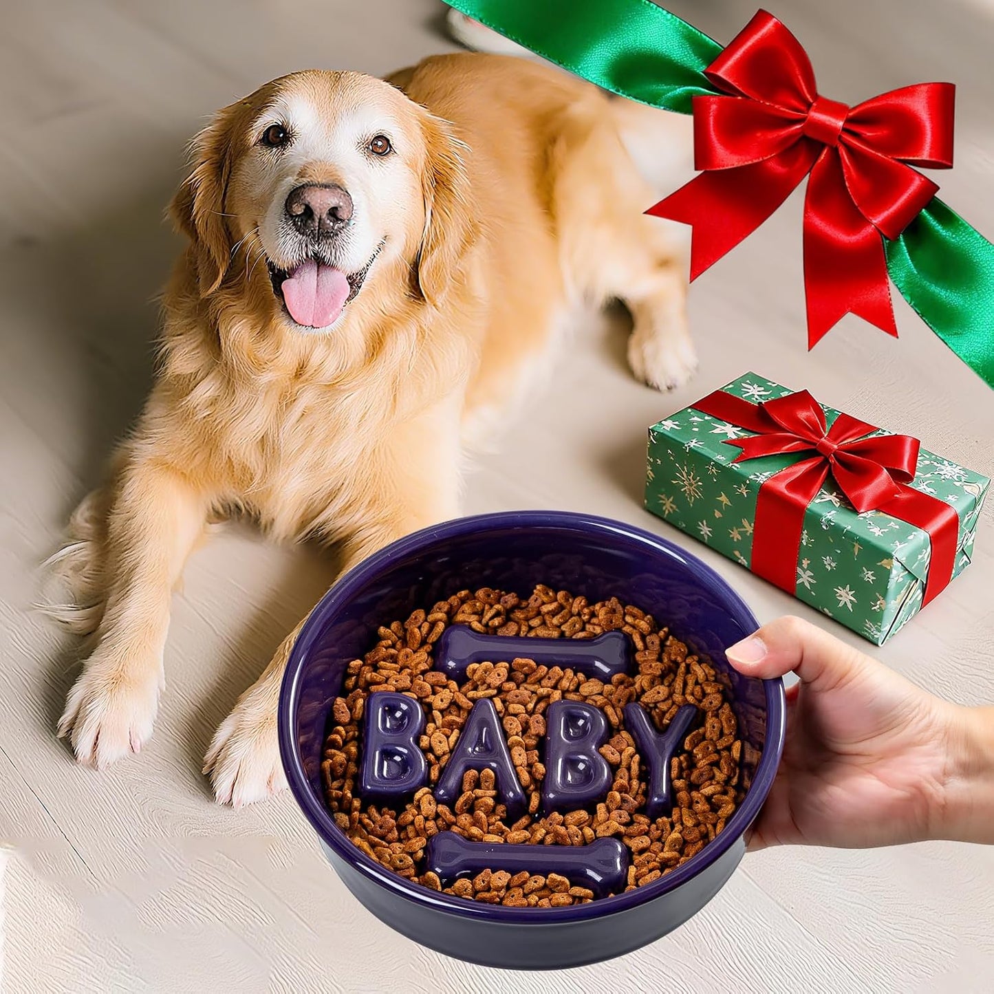 Ceramic Slow Feeder Dog Bowl, 4-Cup Anti-Slip Puzzle Feeder for Medium/Large Dogs, Indoor/Outdoor Pet Bowl for Fast Eaters - Pink