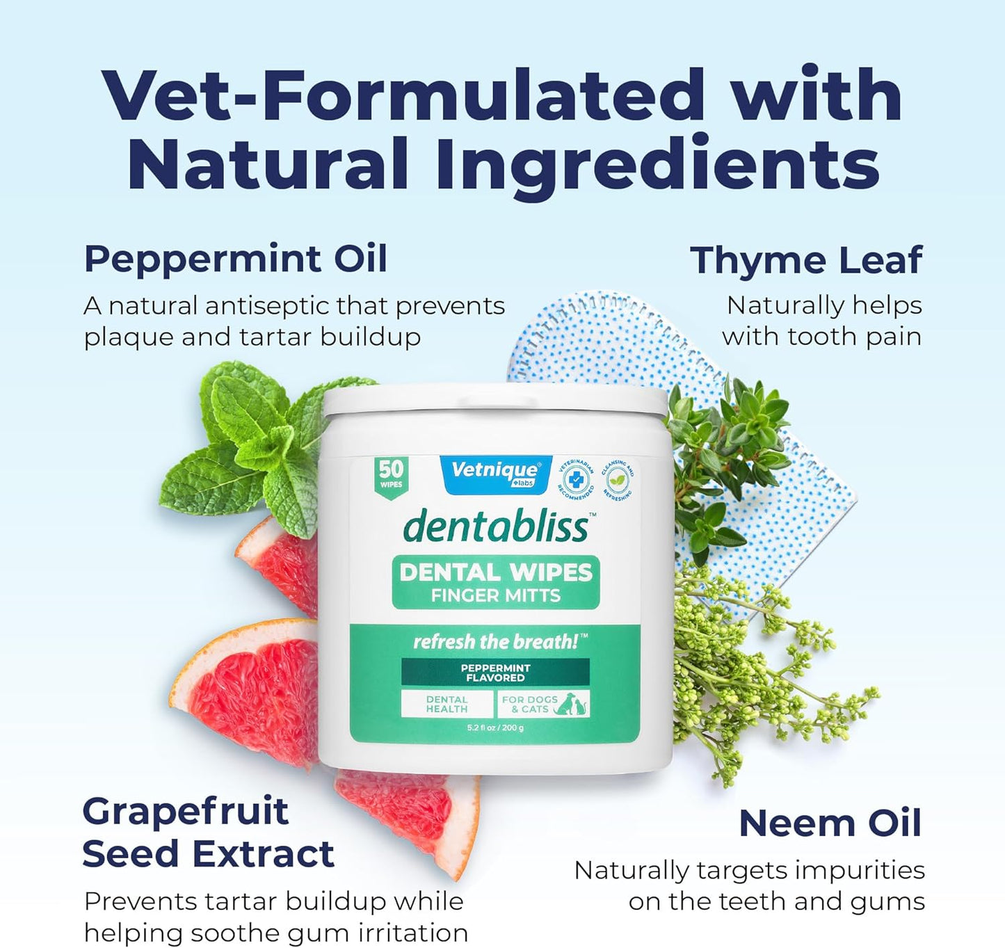 Vetnique Dentabliss - Dog Teeth Cleaning Finger Mitt Dental Wipe - Dog Plaque & Tartar Prevention with Brushing Beads - Flavored Dog Teeth Wipes, Dog Breath Freshener (Peppermint)