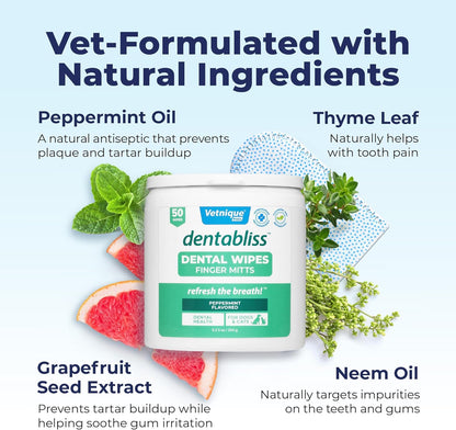 Vetnique Dentabliss - Dog Teeth Cleaning Finger Mitt Dental Wipe - Dog Plaque & Tartar Prevention with Brushing Beads - Flavored Dog Teeth Wipes, Dog Breath Freshener (Peppermint)