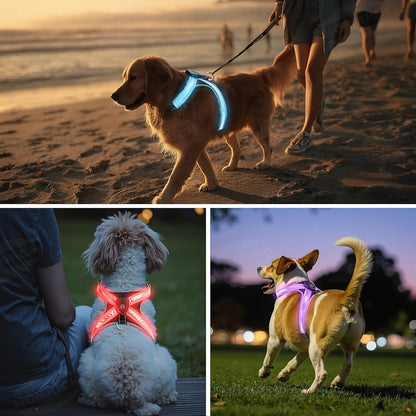 LED Light Up Dog Harness - Rechargeable & Reflective Dog Vest, 7 Lighting Modes, 3-Layer Air Mesh for Breathability & Comfort, Adjustable Illuminated Leash for Small to Large Dogs Walking at Night