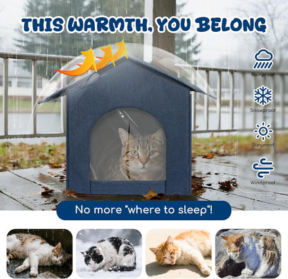 Outdoor Cat House Weatherproof, Insulated Cat Houses for Outdoor/Indoor Cats for Winter, Waterproof Feral Stray Cat Shelter with Door Curtain and Warm Cushion, Easy to Assemble, Navy Blue