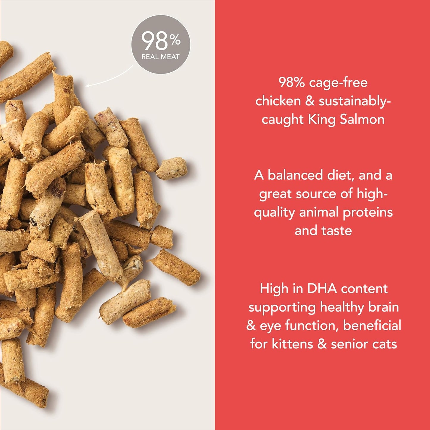 Feline Natural Freeze Dried Cat Food - Grain-Free and High Protein Cat Food from New Zealand, Complete Meal or Topper for Kittens, Adults, and Senior Cats, Chicken and King Salmon, 100g