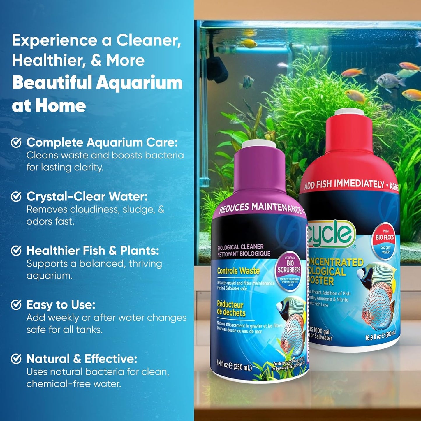Aquarium Water Conditioner Bundle–Biological Enhancer & Waste Control Cleaner, 8.4 Oz Each | Aquarium Water Treatment, Water Conditioner & Bacteria Starter for Clear, Healthy Aquarium