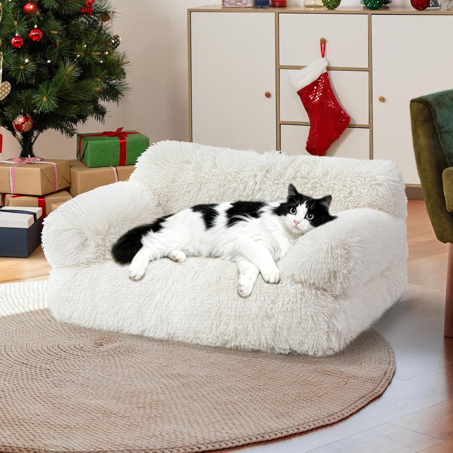 Large Cat Beds for Indoor Cats, Dog Couch Bed, Cute Cat Couch Sofas for Less 20lbs Kitten Puppy, Small Dog Sofas & Chairs with Removable Washable Cover, Soft Warm Pet Furniture, Plush White