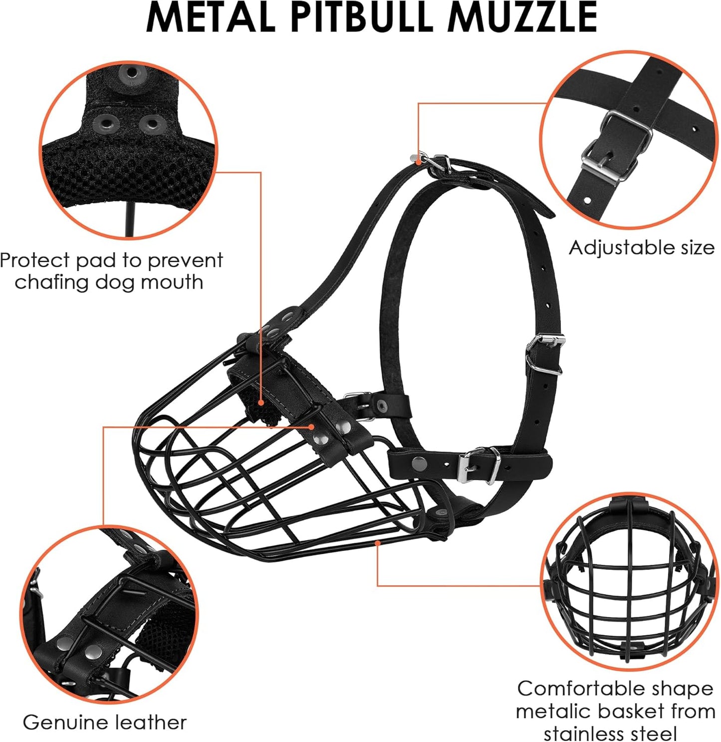 Pitbull Dog Muzzle Breathable Metal Basket for Large Dogs Amstaff Staffordshire Terrier Secure Wire Mask Adjustable Durable Leather Straps Biting Chewing Barking (Black)