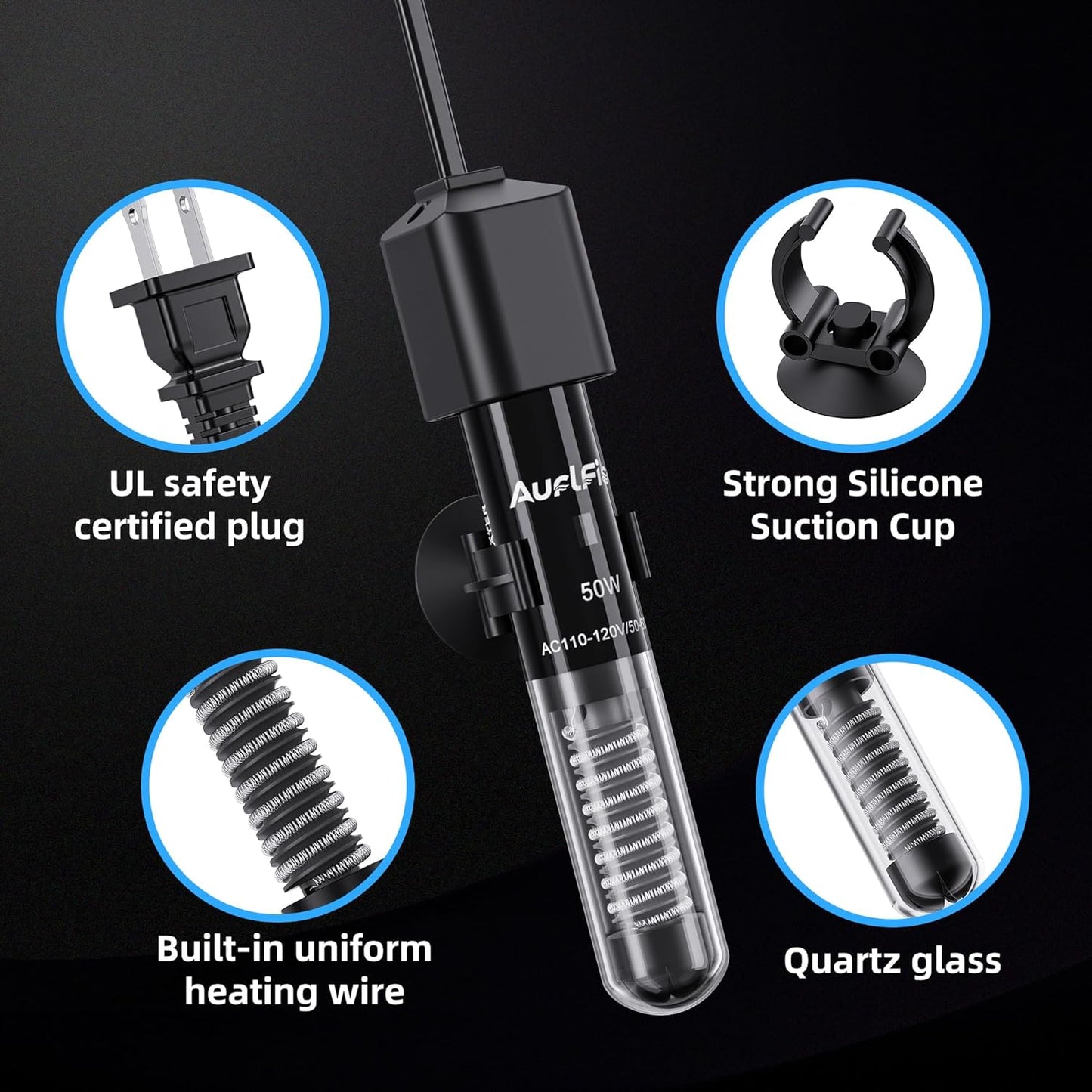 Fish Tank Heater for Aquarium - 50W Aquarium Heater, Small Submersible Tank Heaters with Mini Aquariums Thermometer for Betta Turtle Saltwater Freshwater 5-10 Gallon Tanks(Preset 78℉)