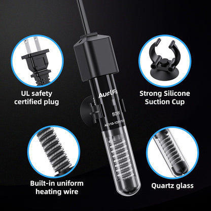 Fish Tank Heater for Aquarium - 50W Aquarium Heater, Small Submersible Tank Heaters with Mini Aquariums Thermometer for Betta Turtle Saltwater Freshwater 5-10 Gallon Tanks(Preset 78℉)