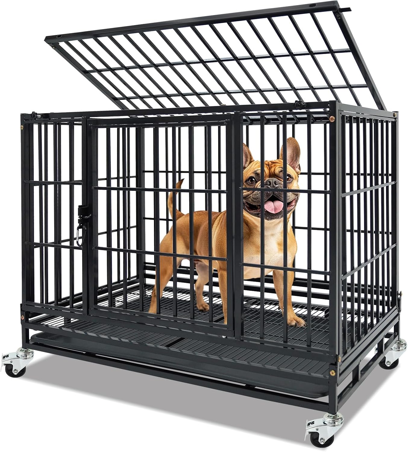 Stackable 36 Inch Dog Crate for Medium/Small Dogs, Heavy Duty Indestructible Dog Cage with Top Access & Lockable Wheels, Escape Proof Dog Kennel Indoor with Auto-Lock, Metal Grids & Leak-Proof Tray
