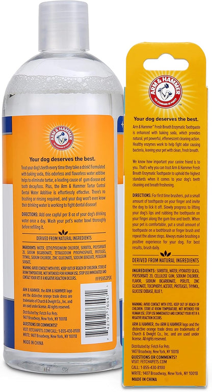 Arm & Hammer for Pets Combo Pack Dental Tartar Control Water Additive and Fresh Breath Vanilla Ginger Enzymatic Toothpaste | Includes 16 Oz Water Additive and 2.5 oz Dog Toothpaste