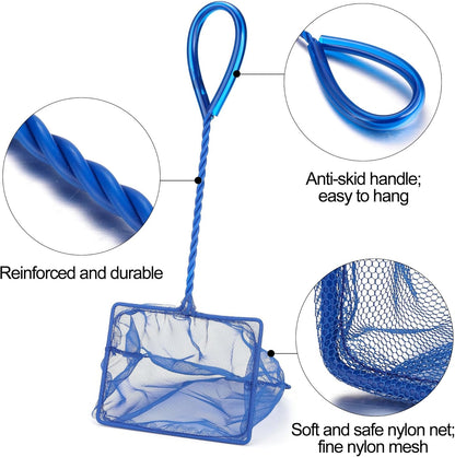 3 Pack Aquarium Net, Multi-Size Fine Quick Fish Catch Nets Extra Soft Nylon Fishing Nets with Plastic Handle for Aquarium Fish Tank Supplies- Blue (4in,5in, 6in)