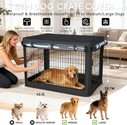 Dog Crate Cover,Fits Most 42-inch Dog Crates,Unique Knife Cloth (More Durable and Heavy Duty)+ EVA Transparent Material,with Waterproof Sunshade Cover,Waterproof Dog Kennel Cover,Black(Cover Only)