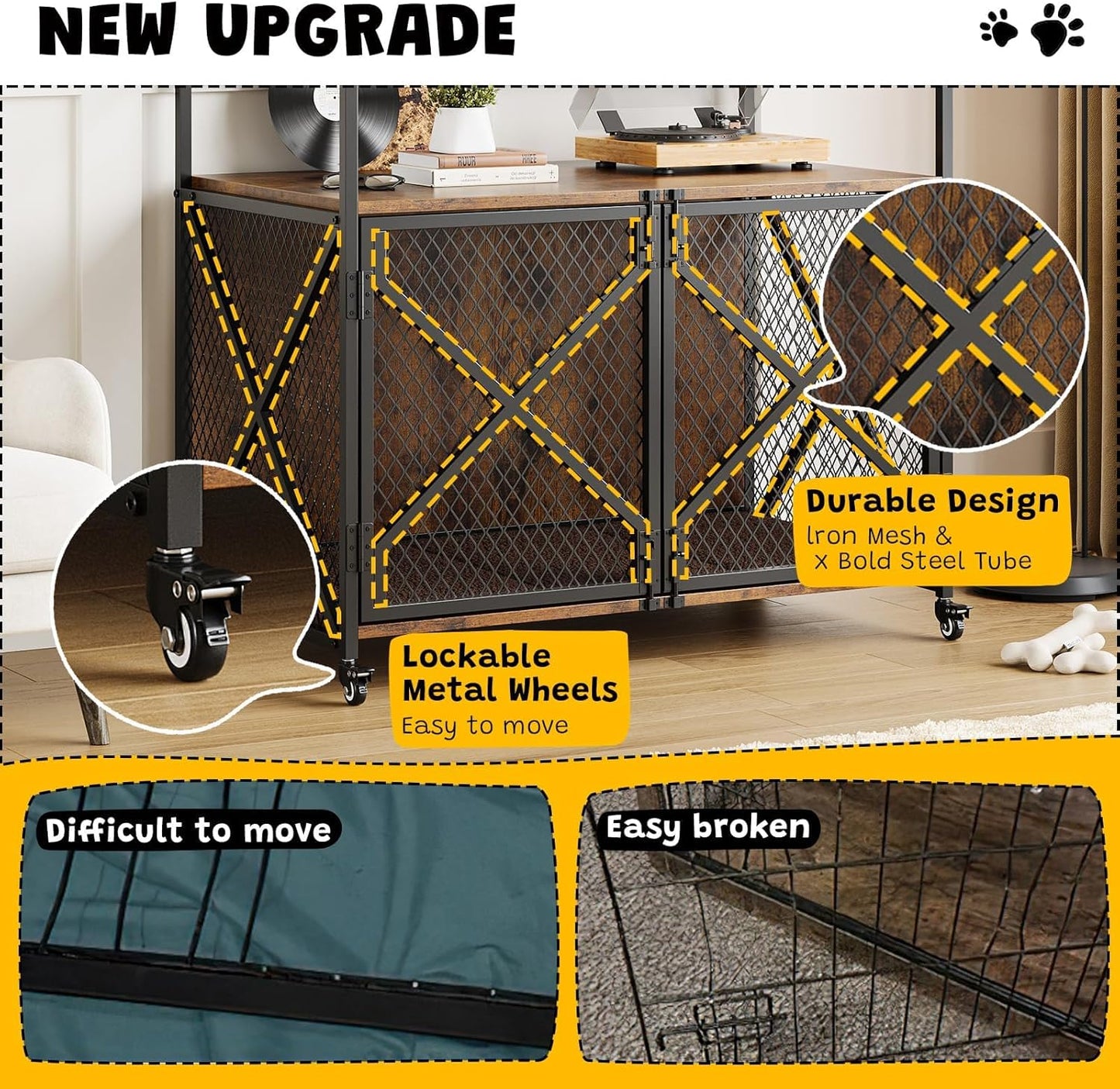 41'' Heavy Duty Dog Crate Furniture with Lockable Wheels, Decorative Wooden Dog Cage End Table, Double Door Indoor Pet Kennel with Cushion for Small, Medium & Large Dogs Up to 100 Lbs