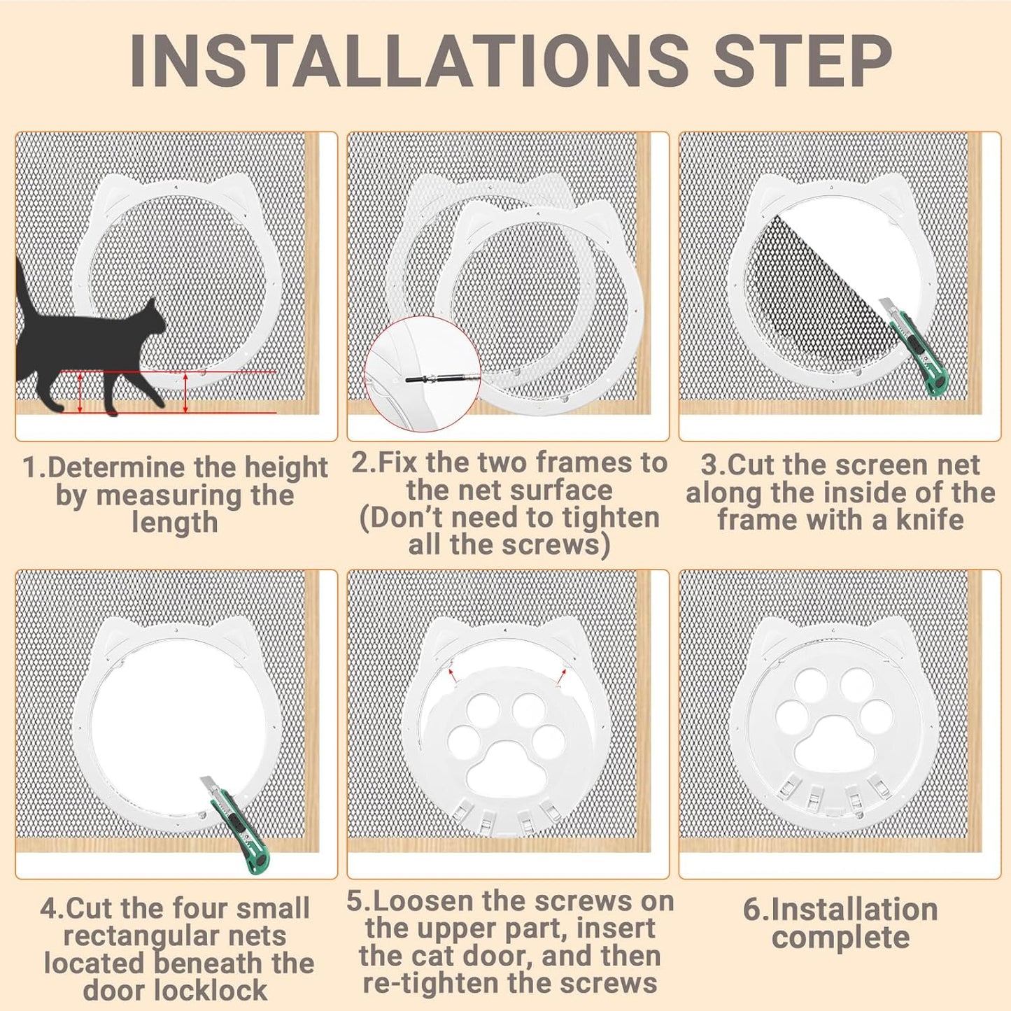 Cat Door for Screen Door, Inside Door 9x9x0.4 inch, Magnetic Flap Screen & Manually Locked Two Function Design, Anti-Mosquito Window Screen cat Door (White)