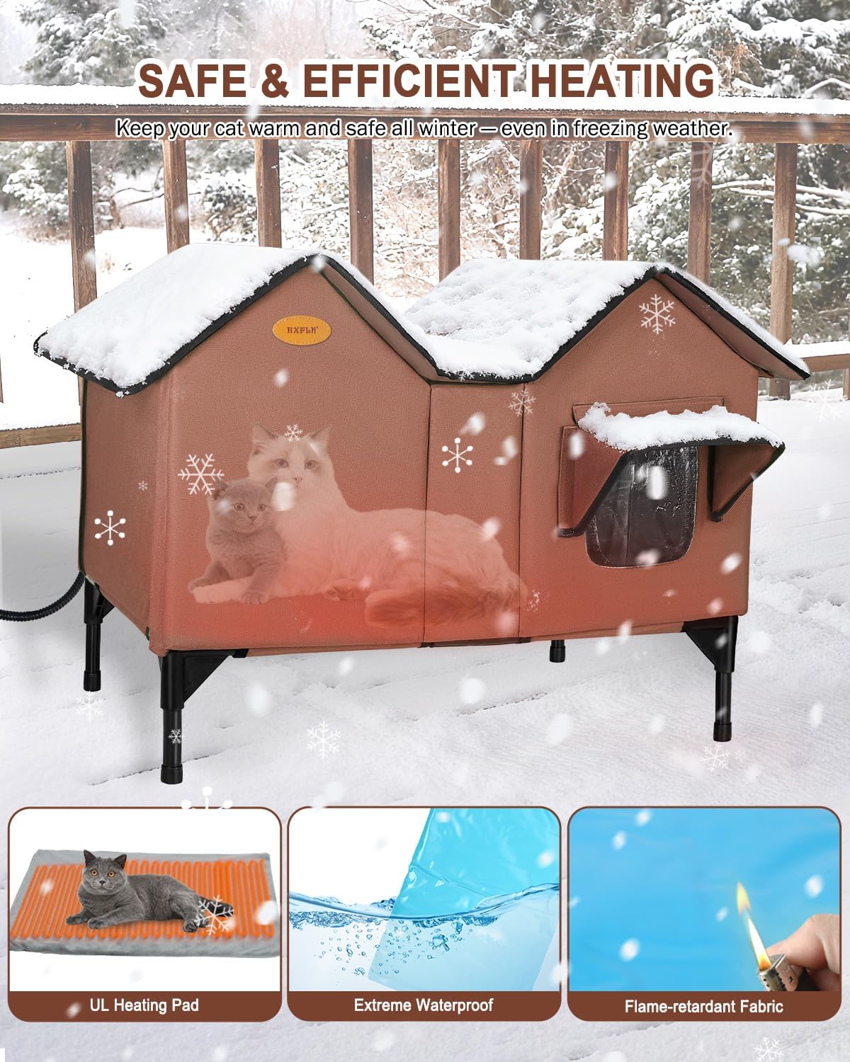 Heated Cat House for Outside Cats in Winter, Extra Large Heated Outdoor Cat House Weatherproof Insulated with Elevated Base & Escape Door, Waterproof Cat Shelter for Multiple Cats Feral Stray Kitty