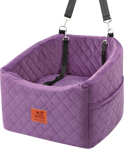Dog Car Seat for Small Medium Dogs, Memory Foam Pet Booster Seat for Dogs up to 35 lbs, Elevated Dog Carseat, Travel Safety Bed with Washable Removable Cover and Storage Pockets (Purple)
