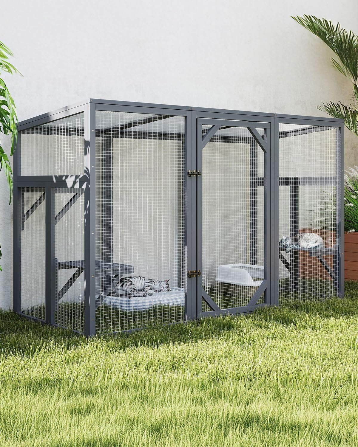 Outdoor Cat House, 71" Catio Outdoor Cat Enclosure, Large Cat Houses & Condos, Cattio for Apartment Balcony, Window Cat Cage Weatherproof, Grey