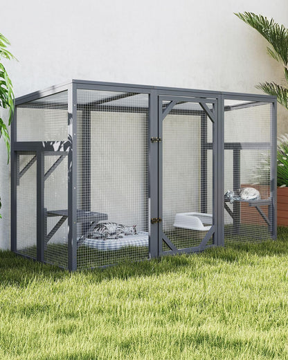 Outdoor Cat House, 71" Catio Outdoor Cat Enclosure, Large Cat Houses & Condos, Cattio for Apartment Balcony, Window Cat Cage Weatherproof, Grey