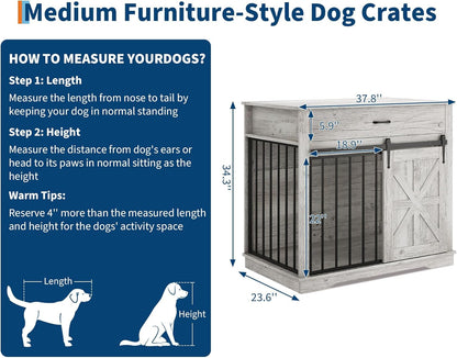 37.8" W Dog Crate Furniture for Small/Medium Dogs, 2-in-1 Iron-Wood Fusion Dog Cage Indoor As Side End Table, Farmhouse Dogs Kennel with Sliding Barn Doors & Storage Drawer, Grey