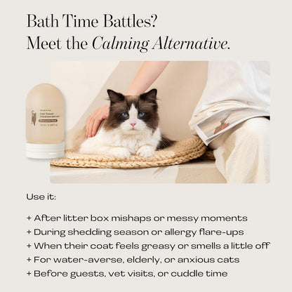 Cat Rinse-Free Shampoo & Conditioner – Dry Shampoo Towel Cleanse for Sensitive Skin, Stress & Itch Relief Gentle Leave-in Serum – 98.65% Naturally Derived, Hydrate & Deodorize – 8 x 10ml