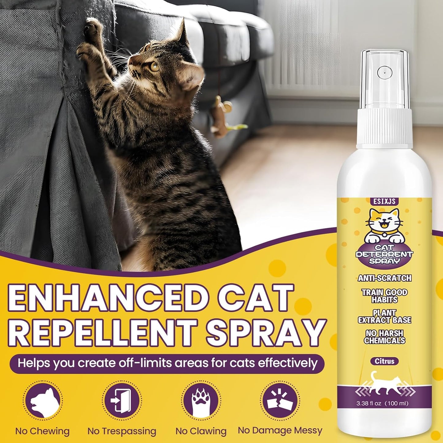 Enhanced Cat Deterrent Spray 10.14 Fl Oz No Scratch for Cats Indoor & Outdoor Keep Off Cat Spray Natural Safe Repellent for Effective Training Aid for Furniture Curtain Sofas Protection
