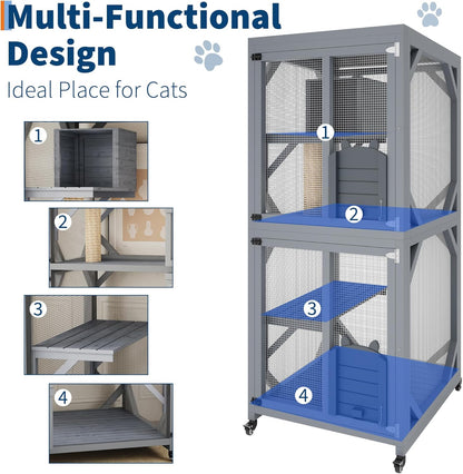 Outdoor Catio Enclosure on Wheel, 68" Large Catio Outdoor Cat Enclosure with Weatherproof Asphalt Roof & Sliding Doors, Wooden Cat Condo Cage Shelter Playpen with Napping House & 4 Jumping Platforms