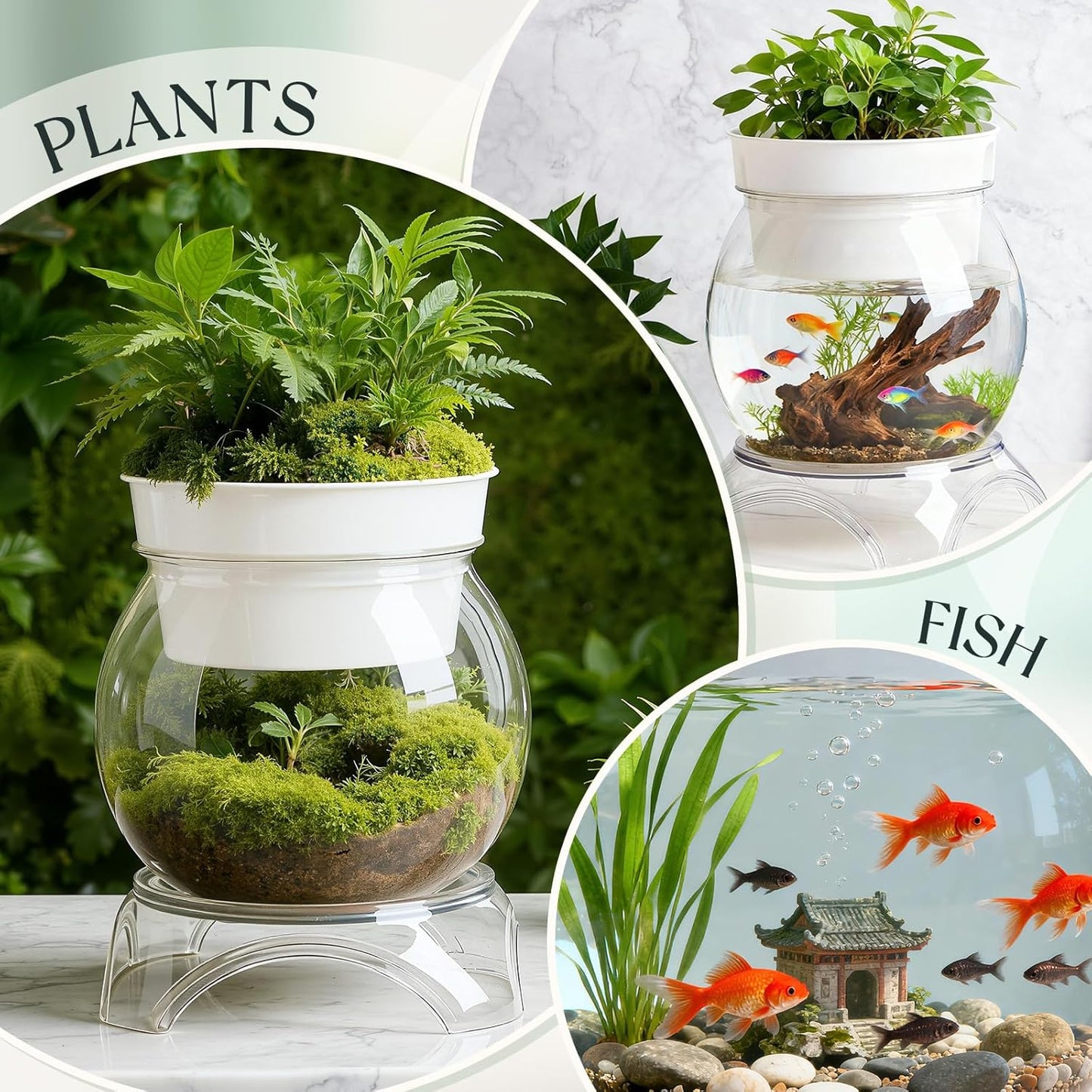 Geelin Plastic Fish Tank with Hydroponic Top and Base, Aquaponic Planter Bowl Shatterproof with Clear Clarity for Terrarium, Flower Vase Centerpiece Gift for Fish Lovers (Round)(5 Gallon)