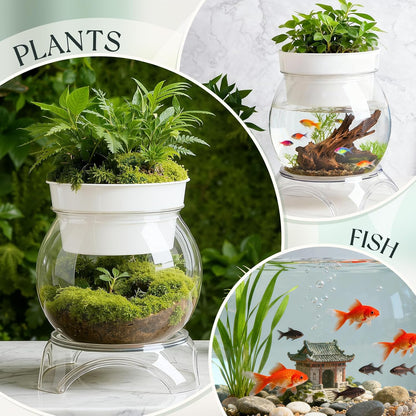 Geelin Plastic Fish Tank with Hydroponic Top and Base, Aquaponic Planter Bowl Shatterproof with Clear Clarity for Terrarium, Flower Vase Centerpiece Gift for Fish Lovers (Round)(5 Gallon)