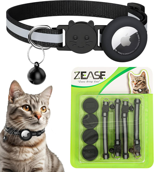 4 Pack Cat Collars Specifically Desiged for Apple Airtags, Reflective, Waterproof, Breakaway Safety Buckle, Removable Bell, Cat Collar Airtag Holder for Girl and Boy Cats, Kittens (Black)