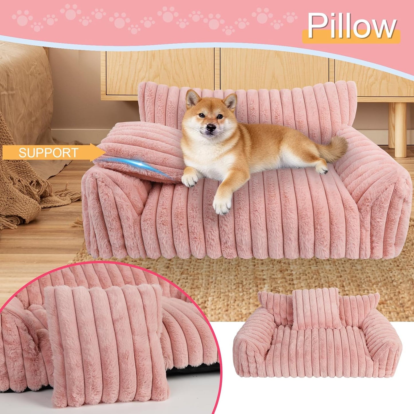 Cute Dog Cat Couch for Medium Large Dogs,Fluffy Pet Sofa Dog Couch Bed with Premium Soft Corduroy Fleece,Cute Washable Dog Bed Medium Large Size Dog,Supportive Cat Sofa Pet Bed(36x27x10,Pink)