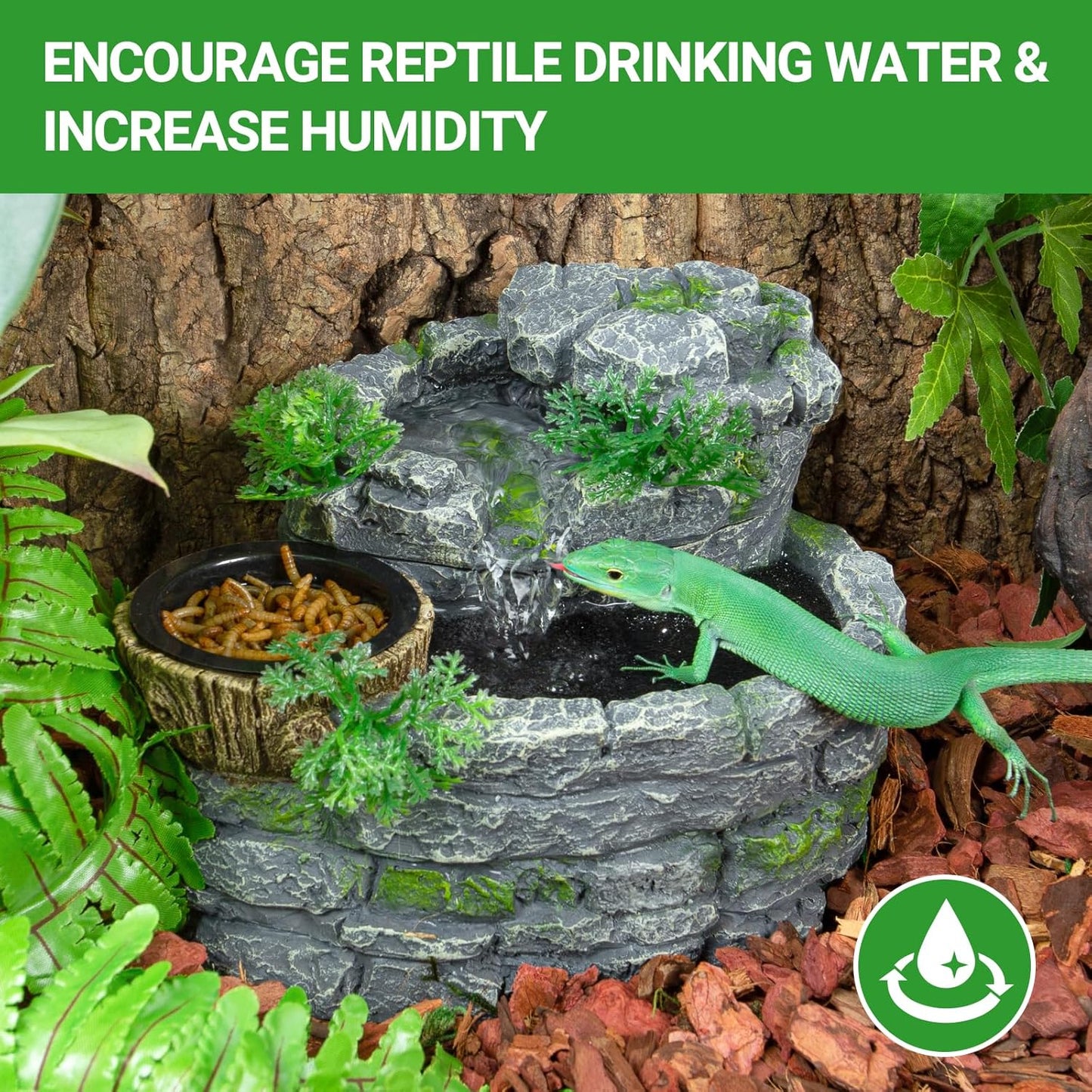 REPTI ZOO Reptile Water Fountain with Food Dish, 550ML Terrarium Waterfall Drinking Fountain for Bearded Dragon Gecko Chameleon Lizard Tree Frog Turtle, Reptile Water Dispenser, Keep Water Clear