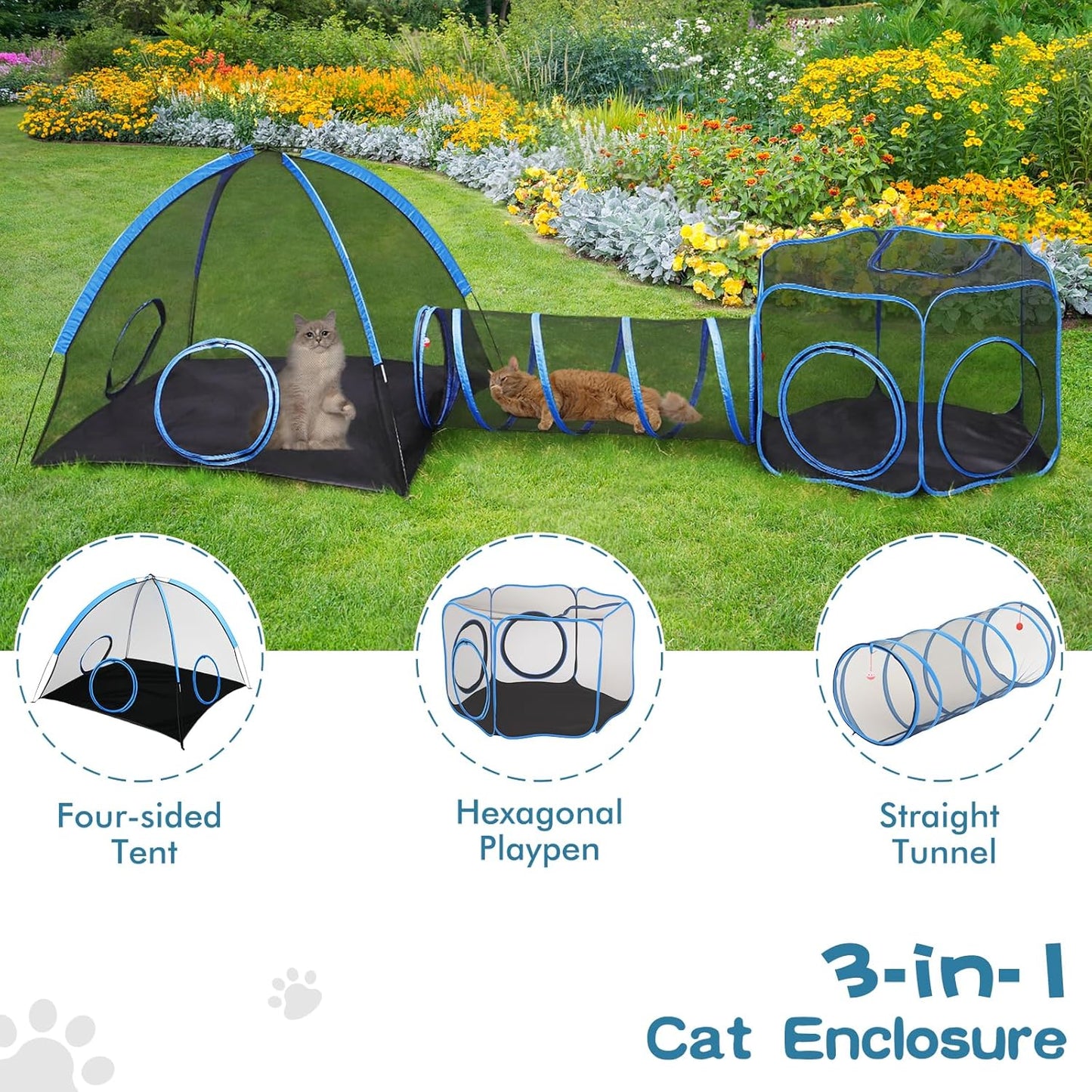 Outdoor Cat Enclosure, 3-in-1 Catio Outdoor Cat Enclosure with Tunnel for Outside and Indoor, Cat Tent Portable Catio Pet Playpen with Storage Bag for Kitty and Small Animals