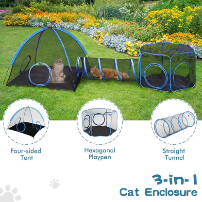 Outdoor Cat Enclosure, 3-in-1 Catio Outdoor Cat Enclosure with Tunnel for Outside and Indoor, Cat Tent Portable Catio Pet Playpen with Storage Bag for Kitty and Small Animals
