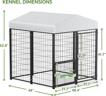 Mr IRONSTONE Large Dog Kennel Outdoor with Water-Resistant Roof Heavy Duty Outside Dog Kennel Pet Pens Dogs Run Enclosure with Rotating Feeder and Secure Lock (4'L x 4'W x 4.4'H)