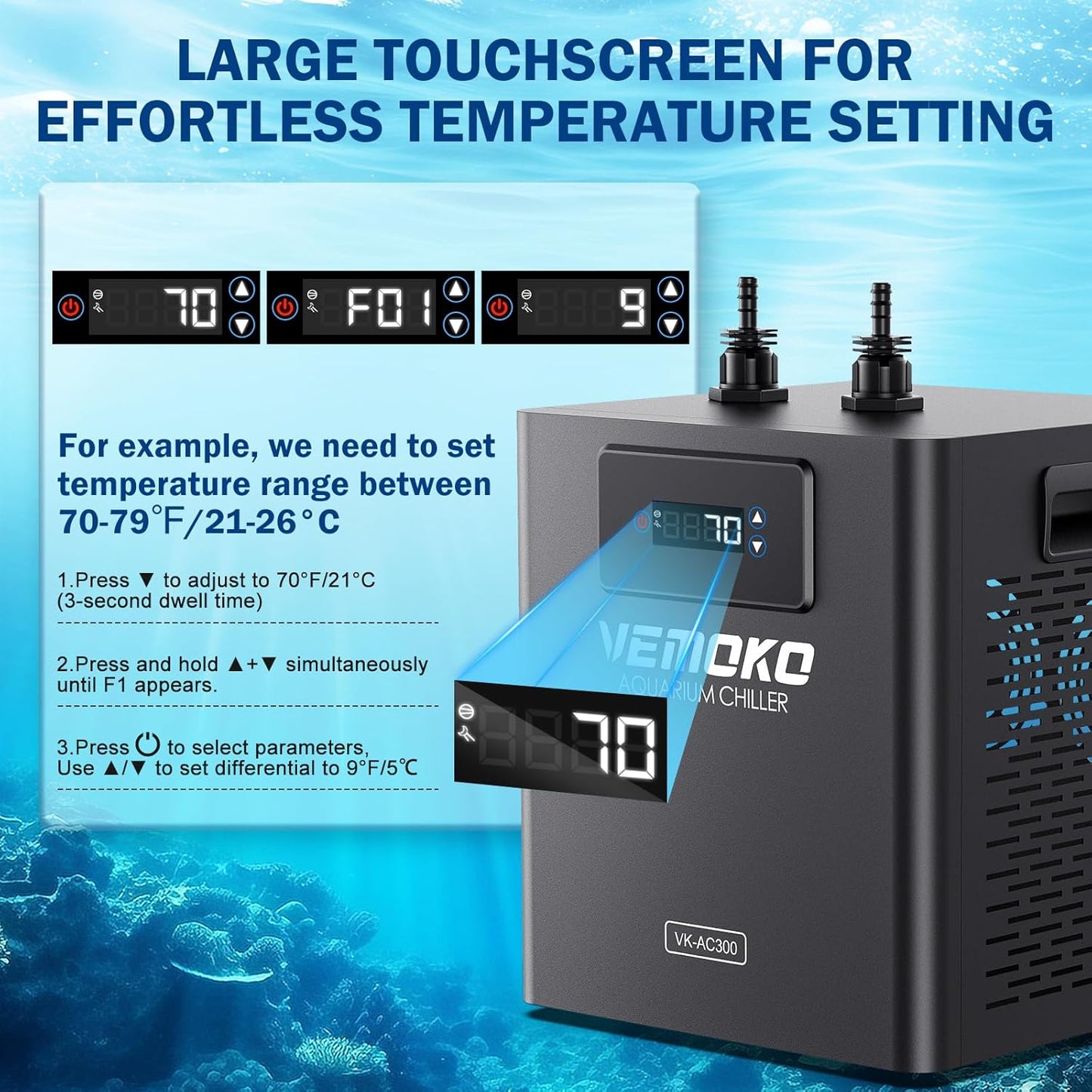 Aquarium Chiller 79 GAL - Water Chiller for Aquarium 1/3 HP Energy Efficient Fish Tank Water Chiller for Axolotl, Coral, Jellyfish, Freshwater & Saltwater Quiet Cold Plunge Chiller 300L