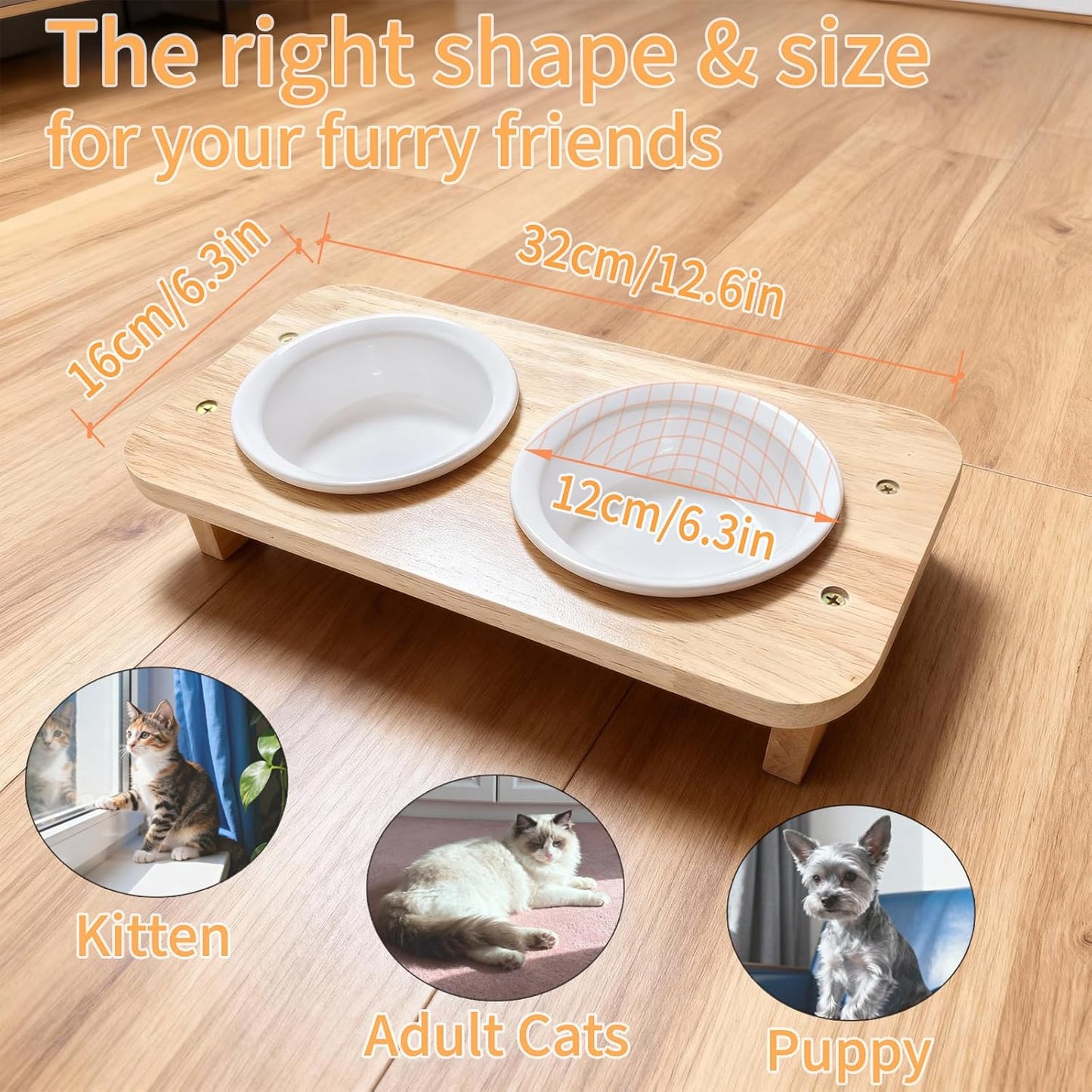 15° Tilted Elevated Cat Bowls with 2 Ceramic Dishes & Wood Base - Anti-Vomit Raised Feeder Station for Indoor Cats & Small Dogs, Dishwasher Safe