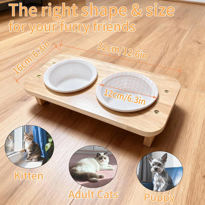 15° Tilted Elevated Cat Bowls with 2 Ceramic Dishes & Wood Base - Anti-Vomit Raised Feeder Station for Indoor Cats & Small Dogs, Dishwasher Safe