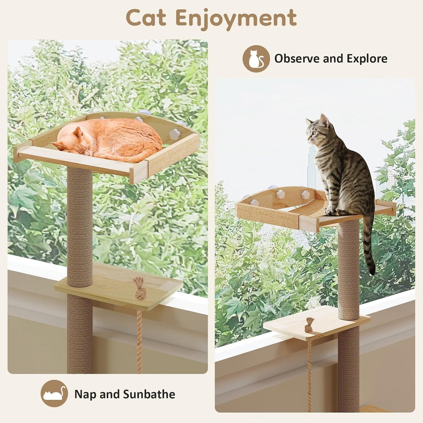 Cat Window Perch with Scratching Post & Step, 47" Adjustable Window Perch for Large Cats, Cat Hammock for Window with Suction Cups, Multi-Level Cat Tree for Climbing, Sunbath, Bird Watching