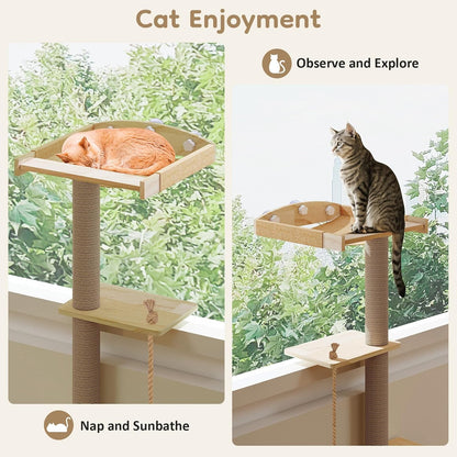 Cat Window Perch with Scratching Post & Step, 47" Adjustable Window Perch for Large Cats, Cat Hammock for Window with Suction Cups, Multi-Level Cat Tree for Climbing, Sunbath, Bird Watching