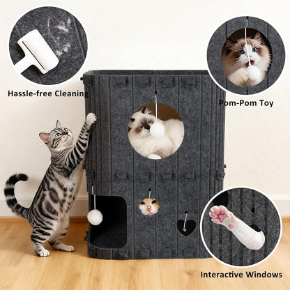 Cat House for Indoor Cats - 2-Story Enclosed Cat Bed Cave for Multiple & Large Cats, Felt Covered Pet Hideaway Tunnel Condo House, Kitty Hut Hideout Cube, Scratch Resistant, Gray
