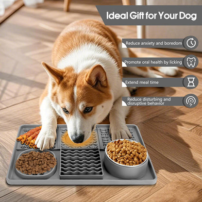 Dog Lick Mat for Small Dogs Cats, 13.8 x 9 Inches Silicone Slow Feeder Dog Licking Mat with Bowls, Peanut Butter Feeding Mat for Anxiety Relief, Reduce Boredom, Improve Eating Habit (Grey)