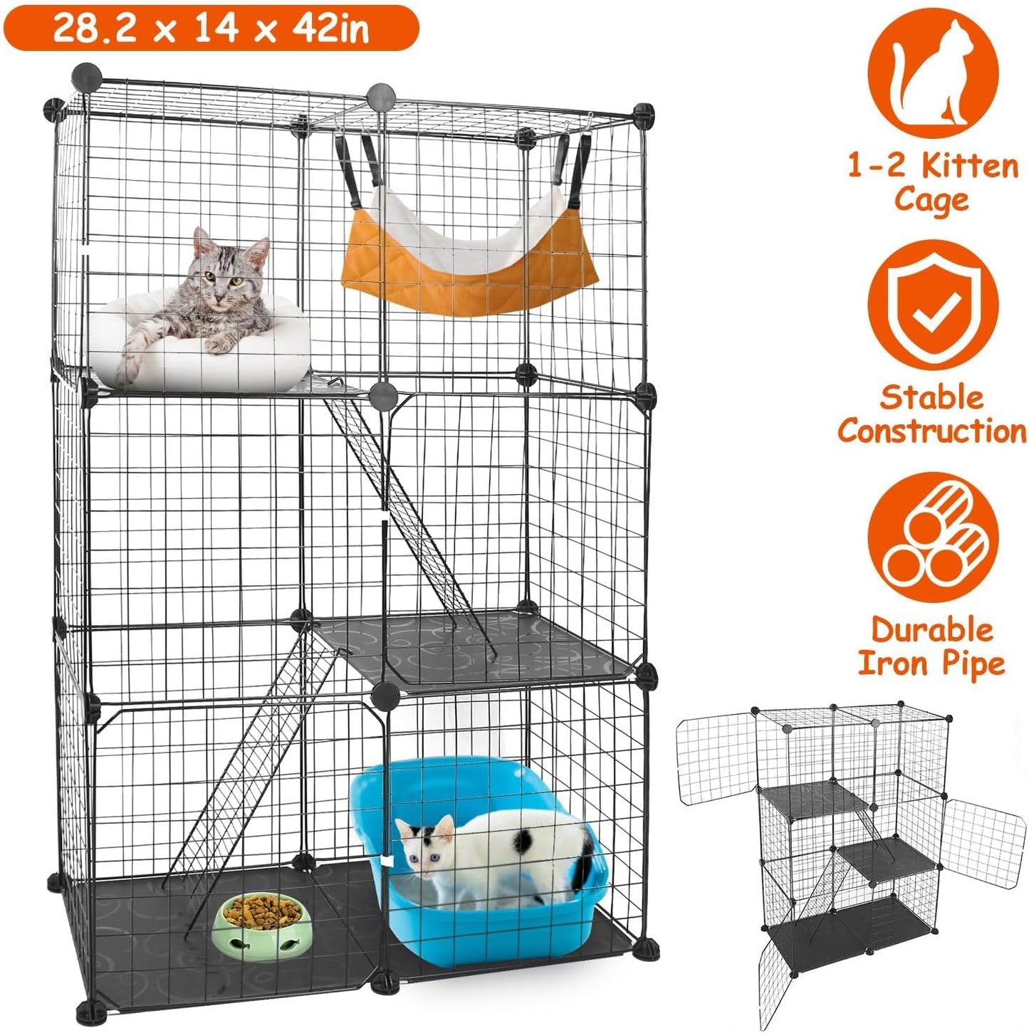 Large 3-Tier Cat Cage, Indoor Cat Enclosures Pliable DIY Cat Playpen, Detachable Metal Wire Kennels Cat Crate Box House with 3 Doors 2 Ramp Ladders for 1-2 Cats, 28.3"L x 14.1"W x 42.2"H,Black