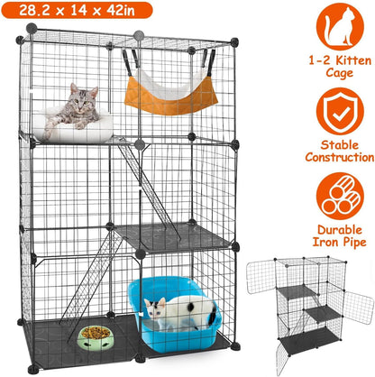 Large 3-Tier Cat Cage, Indoor Cat Enclosures Pliable DIY Cat Playpen, Detachable Metal Wire Kennels Cat Crate Box House with 3 Doors 2 Ramp Ladders for 1-2 Cats, 28.3"L x 14.1"W x 42.2"H,Black