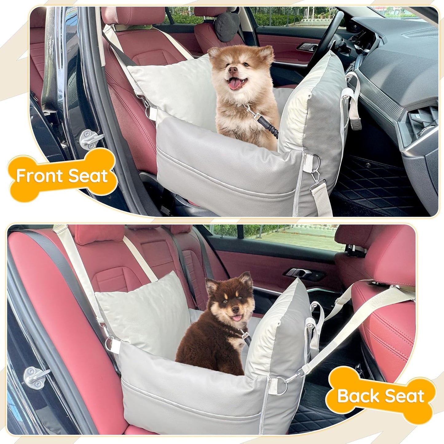 Leather Dog Car Seat for Small Dogs, Dog Booster Seat with Storage Pocket and Clip-On Safety Leash, Water/Scratch Resistant Both Indoor and Outdoor Use