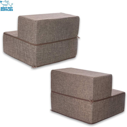 Best Pet Supplies Portable Foldable Foam Pet Stairs/Steps for Couch, Sofa, and High Bed, Non-Slip Bottom Balanced Paw Safe - Brown Linen, Foldable 2-Step (H: 12")