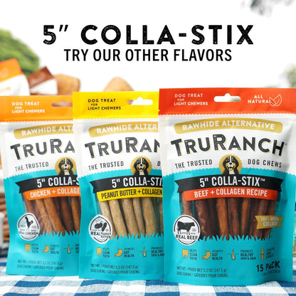 TRURANCH Collagen Sticks - 5" Collagen Sticks for Dogs - Long Lasting Healthy Joint Support Dog Treat - Rawhide Alternative - Skin & Coat Health - Made with Real Peanut Butter, 1 Bag, 15 Count