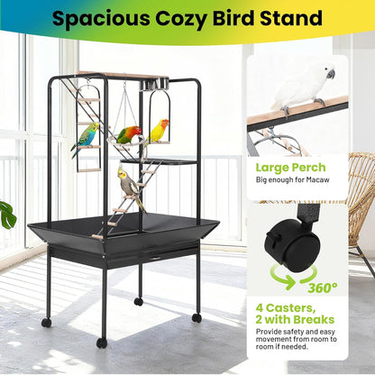 Pet Products Parrot Playstand with Wheels, Bird Cage Stand Activity Play Center with Perches and Ladders, Indoor Outdoor Playground for Birds, Durable Black Hammertone Finish