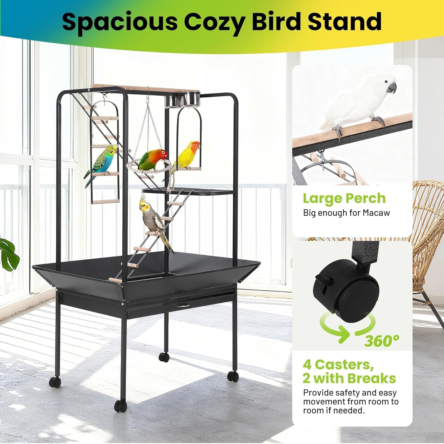 Pet Products Parrot Playstand with Wheels, Bird Cage Stand Activity Play Center with Perches and Ladders, Indoor Outdoor Playground for Birds, Durable Black Hammertone Finish