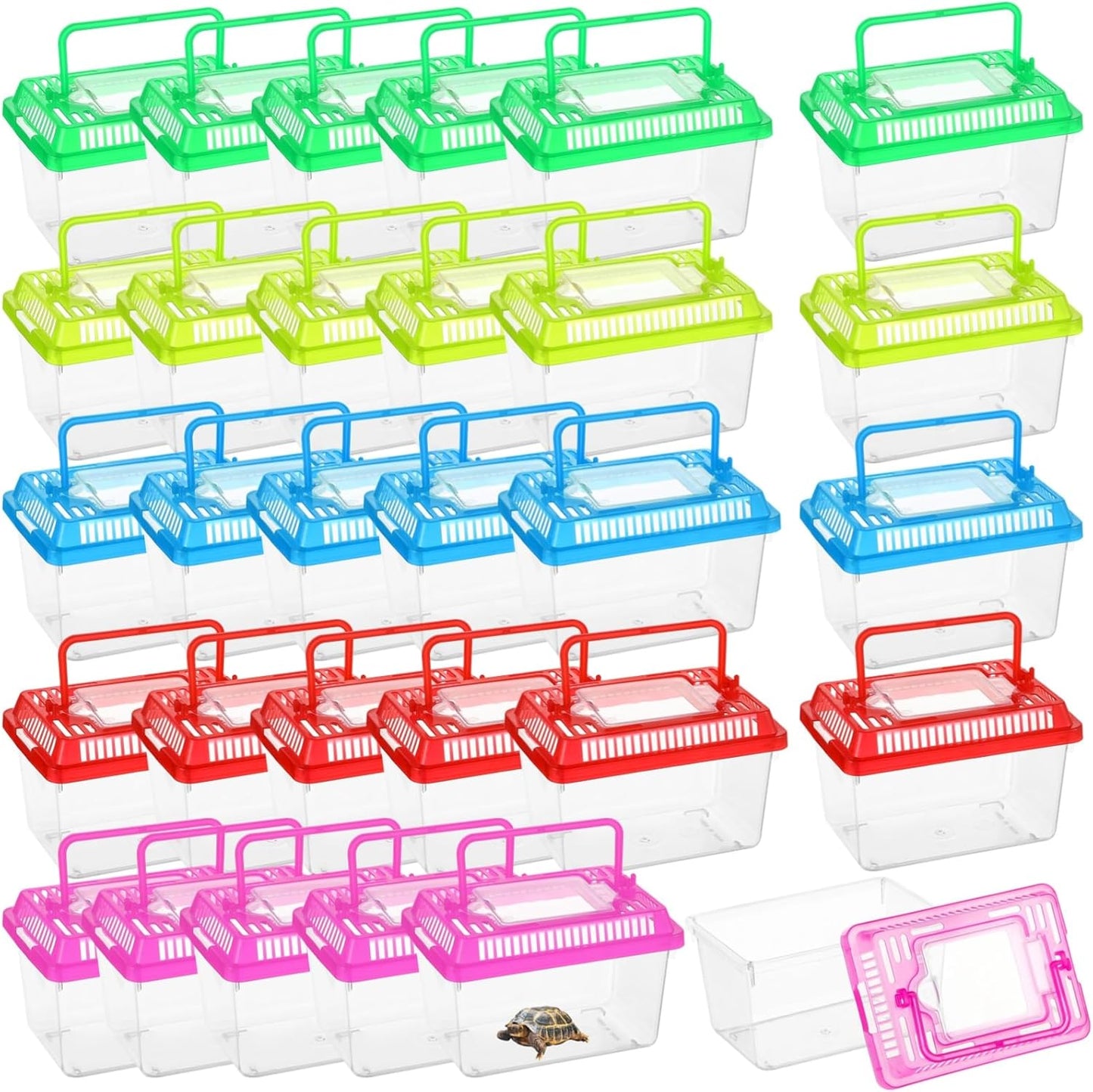 30 PCS Plastic Reptile Terrarium Carrier Cage, Portable Transparent Aquarium Box with Slotted Ventilation Holes for Turtle, Snake, Spider, Breeding, Hatching, Fish, 5 Colors Lid, 5 x 3.4 x 3.4 in